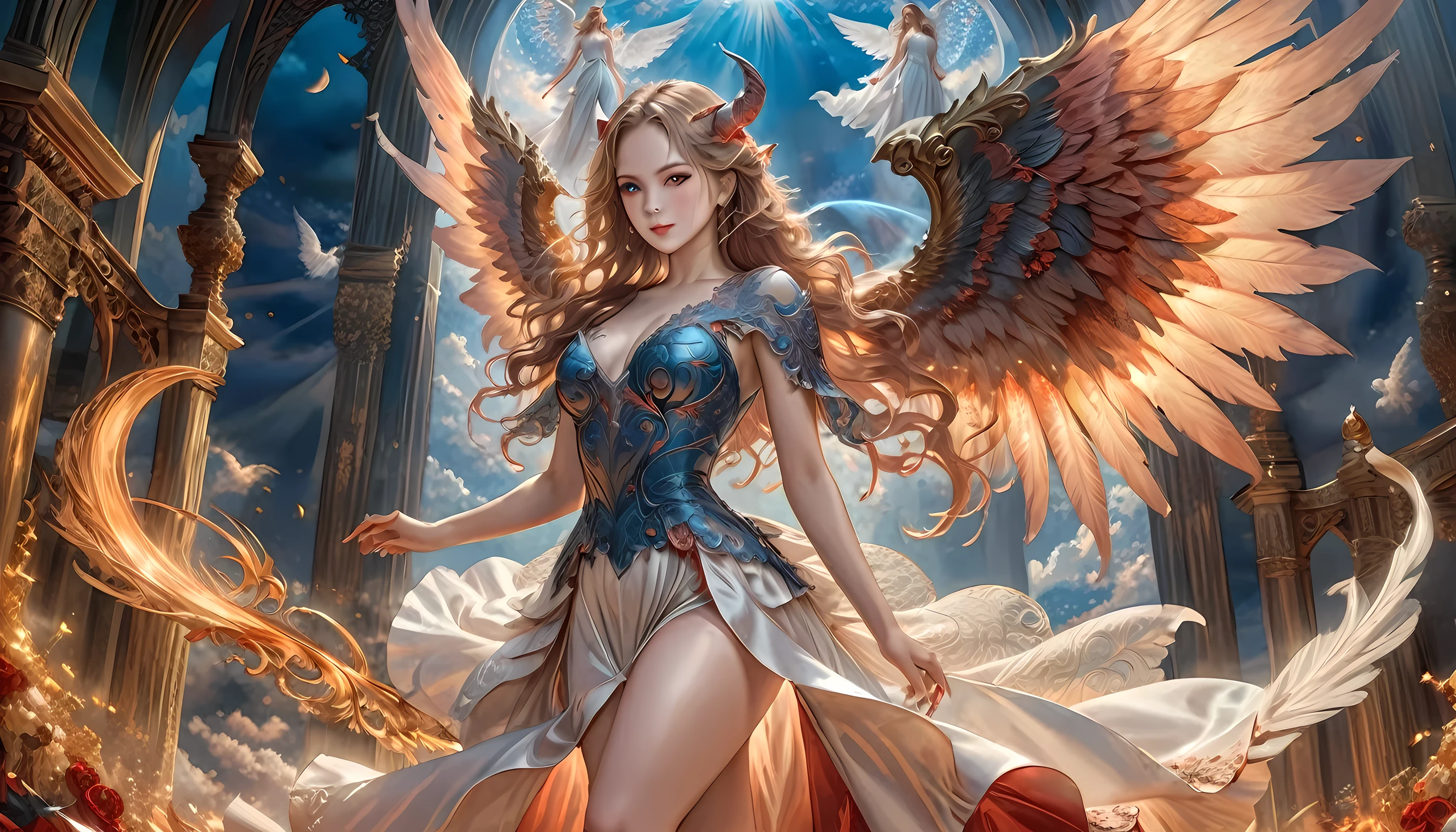 fantasy art, RPG art, a picture of (2 women: 1.6), a female angel (Masterpiece, intricate details: 1.5), wearing dress, pale skin, best details beautiful face (Masterpiece, intricate details: 1.3 ), blond hair, long hair wavy hair (Masterpiece, intricate details: 1.3), blue eyes, high heeled boots, wearing a dress (Masterpiece, intricate details: 1.3), large feathered wings, white angel_wings spread AND a female demon (Masterpiece, intricate details: 1.5), demon, red skin (Masterpiece, intricate details: 1.3), black flame wings spread, demonic horns (Masterpiece: 1.3), red skin (Masterpiece: 1.3), black hair, red eyes, best details beautiful face (Masterpiece, intricate details: 1.2), wearing a dress (Masterpiece, intricate details: 1.3), black high heels, in the border between heaven and hell, moon, stars, clouds, god rays, soft natural light silhouette, dynamic angle, photorealism, panoramic view (Masterpiece 1.3, intense details) , Wide-Angle, Ultra-Wide, faize