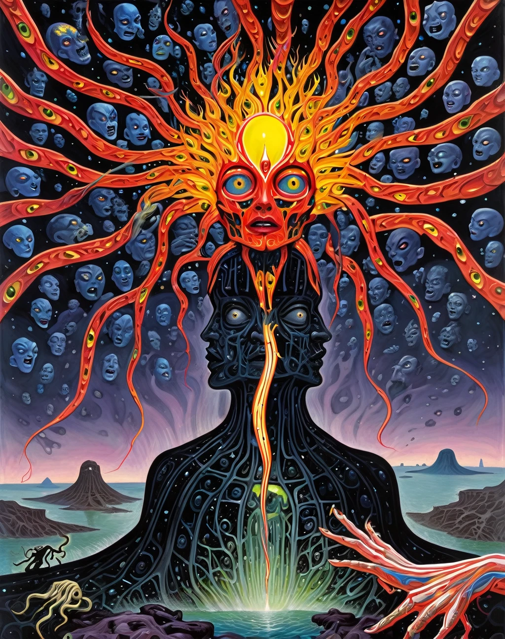 a painting of a woman with flowers in her hair, shadows screaming, roots and thorns, featured on artstattion, black paint flows down, heavy metal artwork, two people, synaesthesia, comic cover art, in praise of shadows
 standing on top of a intergalactic chasm, kaiju cephalopod, dan decarlo, heavy exaggerated proportions, apocolypse, live-action john waters film, inspired by Dong Yuan, by Rick Amor, year 2447, big horn, mashup 
 al3xxl 