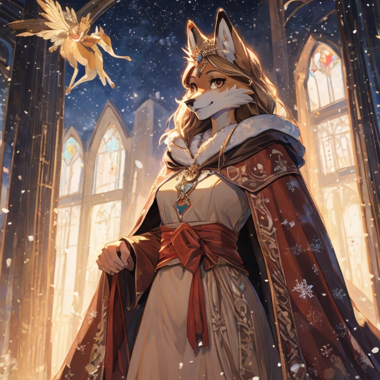 ((best quality)), ((masterpiece)), (detailed), perfect face,, fox woman, brown eyes, perfect eyes, pretty, at , big dress, fox, elegant, smiling, cloak, skinny body, winter dress, queen, crwon