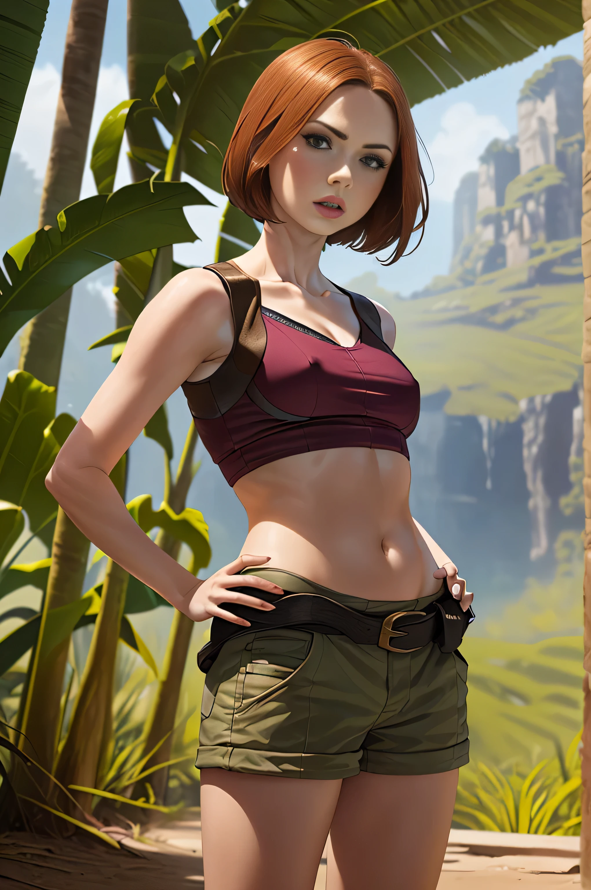 Karen Gillan, masterpiece quality, (masterpiece quality:1.5), high res, realistic, lots of detail, alone, 1girl, (1girl:1.9), solo, (solo:1.9), in a jungle, ancient ruins in background, wearing red blouse, midriff, (midriff:1.5), wearing khaki cargo shorts, short hair, thin body, small breasts, (small breasts:1.5), 