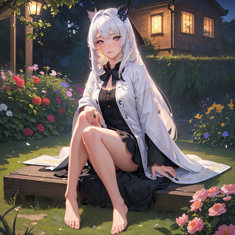 (best quality,4k,8k,highres,masterpiece:1.2),ultra-detailed,(realistic,photorealistic,photo-realistic:1.37),illustration,soft lighting,a girl with white hair,deep purple eyes,glowing eyes,sitting down,barefoot,face blushing,in a garden at night,flowers.