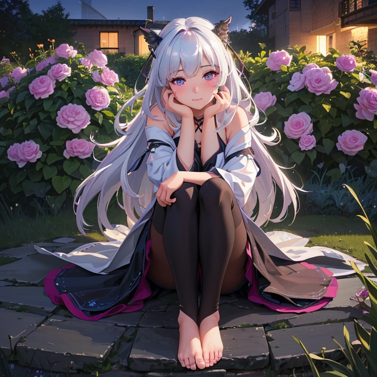 (best quality,4k,8k,highres,masterpiece:1.2),ultra-detailed,(realistic,photorealistic,photo-realistic:1.37),illustration,soft lighting,a girl with white hair,deep purple eyes,glowing eyes,sitting down,barefoot,face blushing,in a garden at night,flowers.