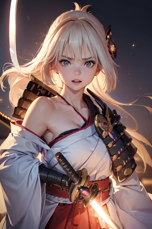 Very detailed CG Unity 8K wallpaper, Cute One lady, Mature Hair、lady ,beautiful lady, pale skin (Super masterpiece, Beautiful person, well detailed face polluted smile, Photorealistic, hyper realisitic), 
(Japan Samurai full Armor:1.5)、(samurai:1.5)、(Japan Pulling the sword out of its sheath:1.4)、(Holding the handle of a Japanese sword:1.8)
Japanese castle background、Portrait、Daytime、(The bright light from the front of her:1.7)、
(middle breast :1.40)、(Glowing Skin:1.3)、
Detailed eyes、Big eyes、Open your mouth a little、Hide your arms、(Laugh cutely:1.1)、Very cute face、
Blonde、Long Hair、(Light blue glowing eyes:1.4)、Pink Lips、
((Off the shoulder、Shoulder Bare))、(Bare your chest:1.0)