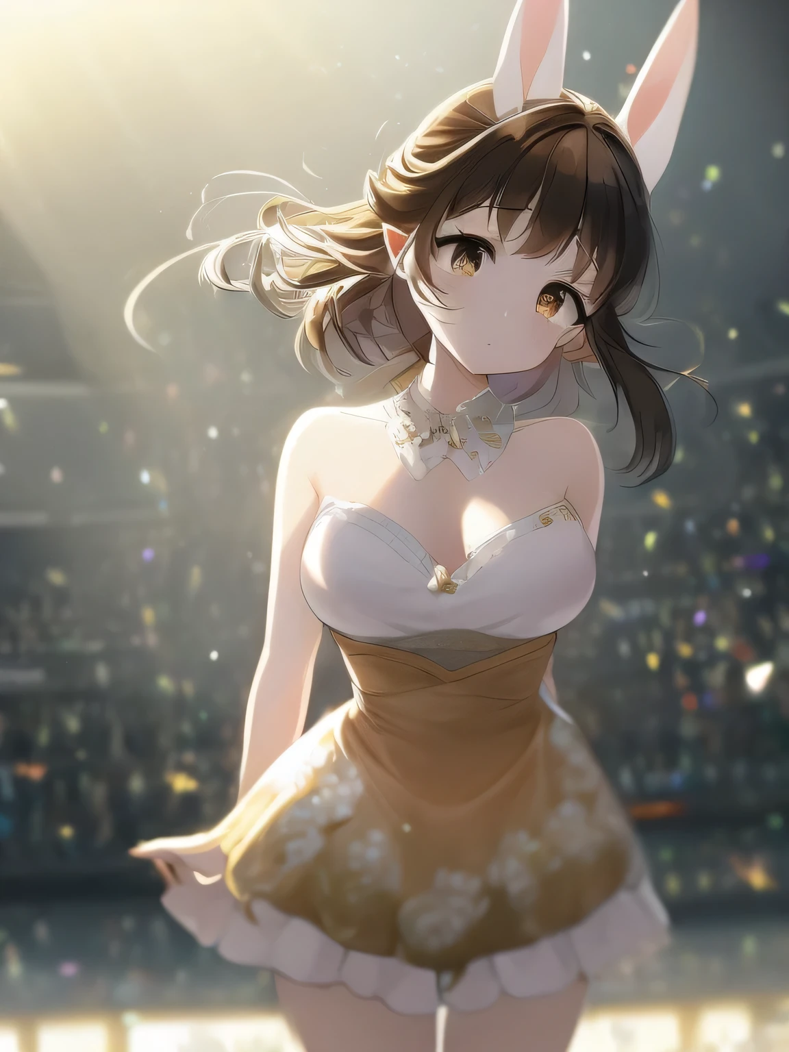 (Tabletop.highest quality).(Dynamic Low Angle、Hair blowing in the wind、Fluttering Dress、beautiful spotlight). (CG paintings with impressive detail、Tears of joy、Expressions of joy),(A perfect image).(Idol Live、Idol Song、Proud of the costume、Presenting to the audience、Sexy Dynamite)、that seem to overflow from clothes、Groin visible through skirt、Comic Strip.shape.1 girl.Detailed face、Kirara Jump、Perfect body.(glamorous、Big Breasts、Plump)、Beautiful thighs、Beautiful belly、Perfect Face.Delicate face、Raise your arms、Proudly、Pull your chin in、Traditional jewelry decoration、A girl wearing a shining, luxurious idol dress、Overexposure、(mini skirt:0.7)、(Off the shoulder:0.8)、(Beautiful fashion that shows off your underwear)、Breast flash、Rough skin、Long Hair、(Bunny ear girl)Bunny ear girl、((Beautiful brown eyes)).Delicate and beautiful eyes、Beautiful eyes with light、Shiny Hair、Reflected Eyes、Embarrassingly.(Looking at the audience:1.3).(Red face:1)、8k wallpaper、Bold full shot、reflected light、Most detailed、Complex、Delicate background、Rough skin、Fine skin、(Super Resolution)、mini skirt、Chirarizum、(whole body、Beautiful whole body statue、Voluptuous body)