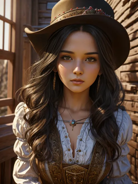 Hyper Realistic 1girl in Old West Clothing, Fantasy Art, Photorealistic, Dynamic Lighting, Artstation, Highly Detailed Face, 4K,...