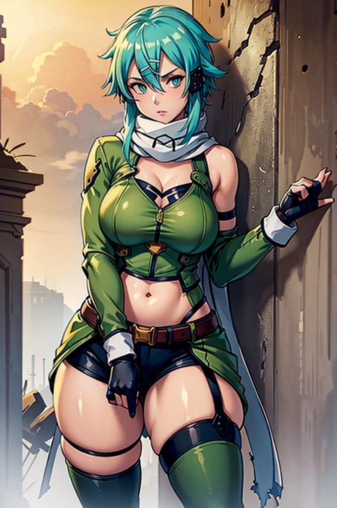 (masterpiece), best quality, expressive eyes, perfect face, highres, sinon1, scarf, fingerless gloves, long sleeves, short shorts, hair ornament, hairclip, green thighhighs, green jacket, thigh strap, field, ruins background, ruined structures, standing, portrait, looking at the viewer, thick thighs, wide hips, massive fat round ass, massive breasts, deep cleavage, chubby belly,
