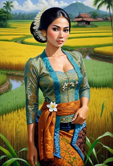 beautiful busty javanese peasant woman donning a brocade kebaya dress and batik long skirt, simple bun hairdo with small beautif...