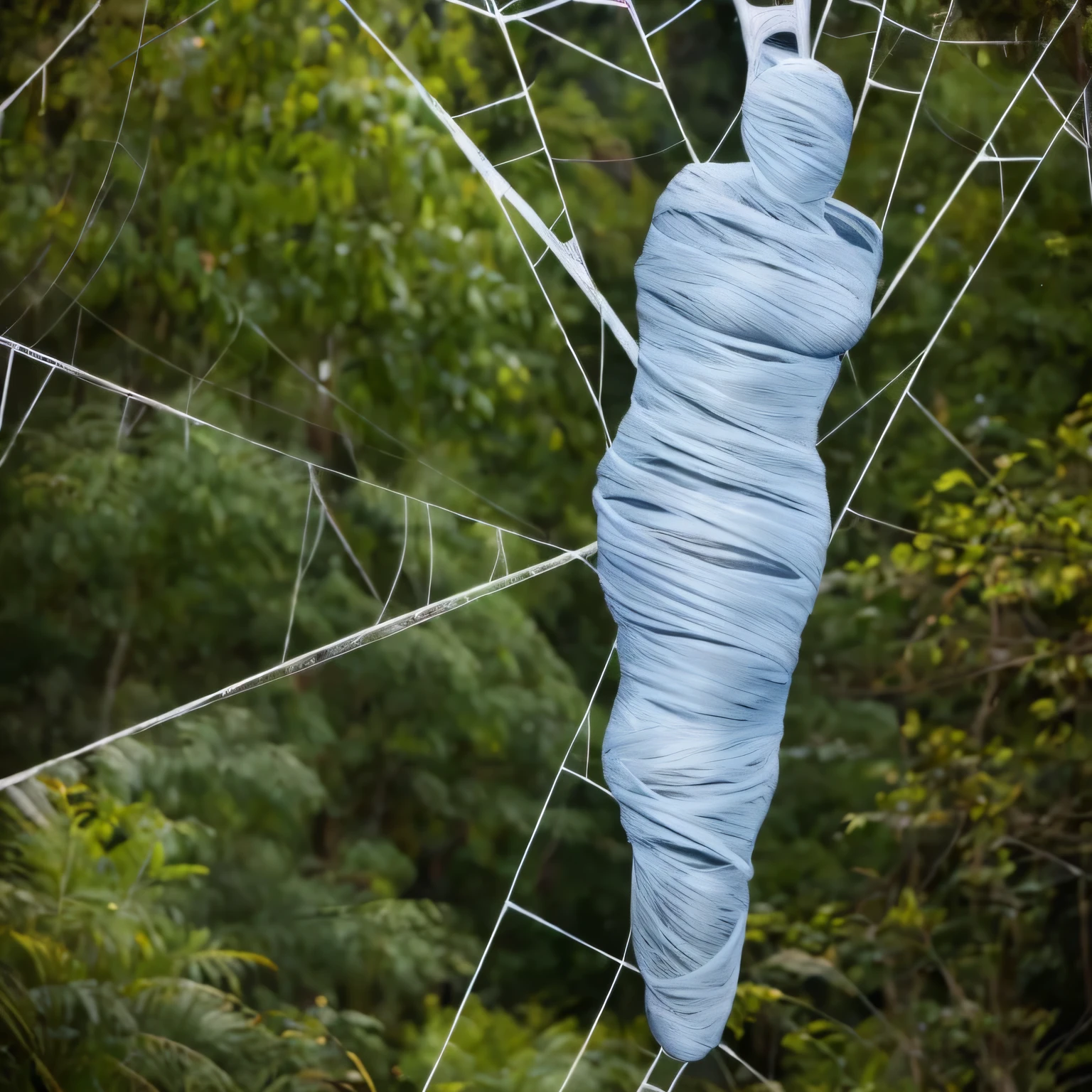 Arafed blue fabric wrapped around a spider web in the woods - SeaArt AI