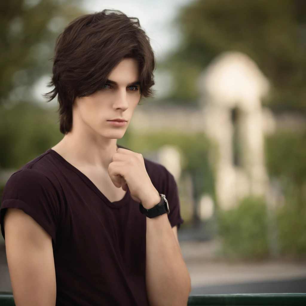 He is an emo boy, white complexion, slim, grayish blue eyes, dark brown hair  - SeaArt AI