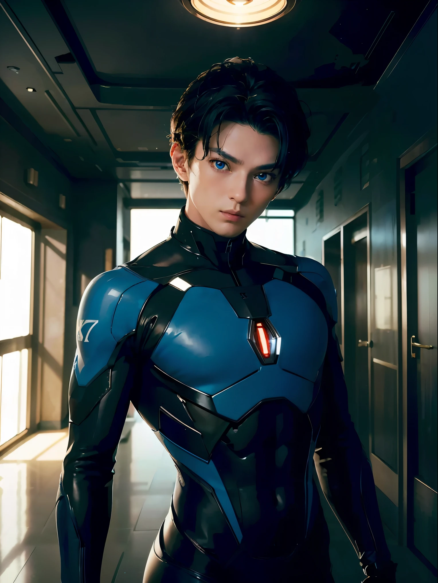 (extremely detailed CG unity 8k wallpaper,masterpiece),(best illumination, best shadow, an extremely delicate and beautiful),(1boy),blue eyes, dark hair,red and black sci-fi bodysuit,neck seal,high-tech sci-fi hallway, dynamic pose, detailed machinery, sleek design.