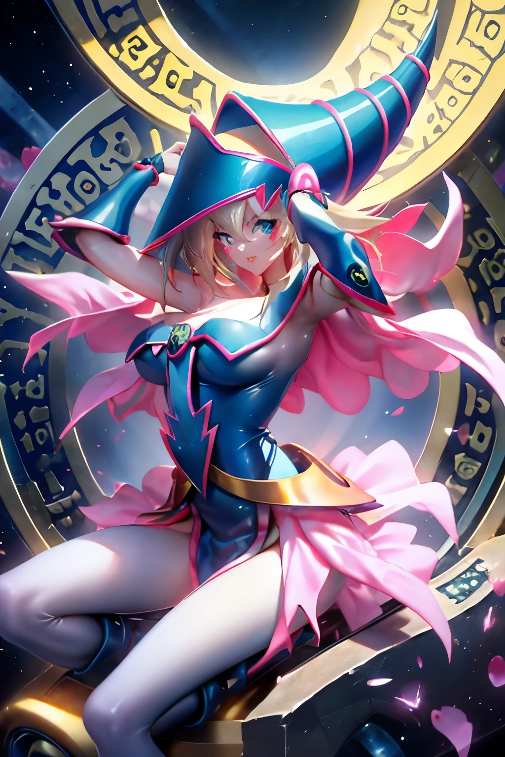 Hatsune Miku disfrazada de dark magician gils. Pose sensual y seductora. Fondo de magia 