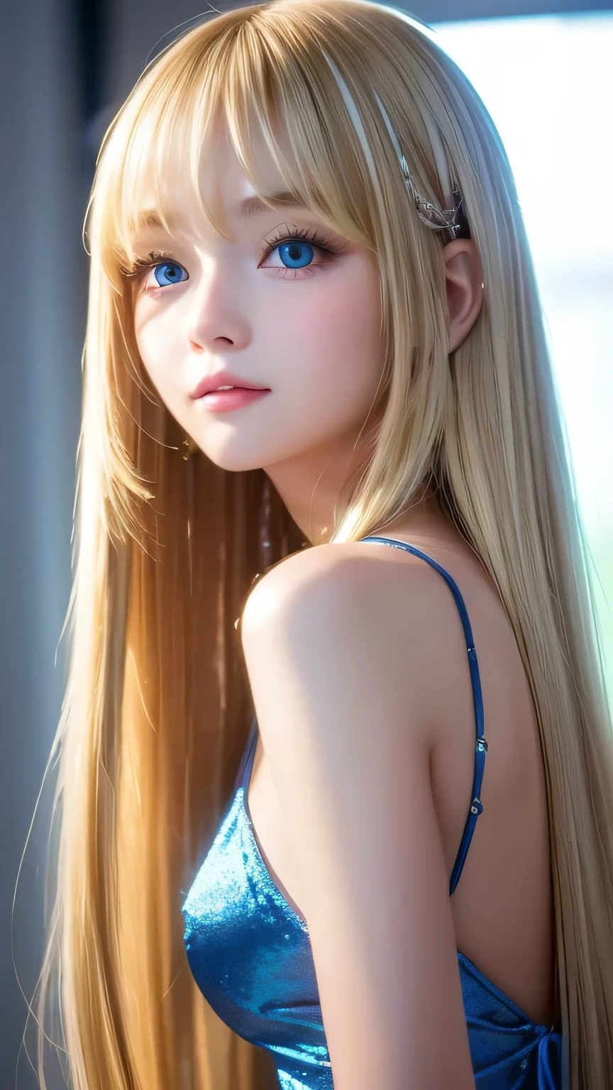 Silky skin、Sexy 18 years old cute sexy little beautiful face、Shiny hair dancing in front of a pretty face、Long, silky bangs that cover the eyes、Hair that hides the face、Too long hair、Sexy cute young woman、Long blonde shiny bright hair、Big, bright, light blue eyes that shine beautifully、