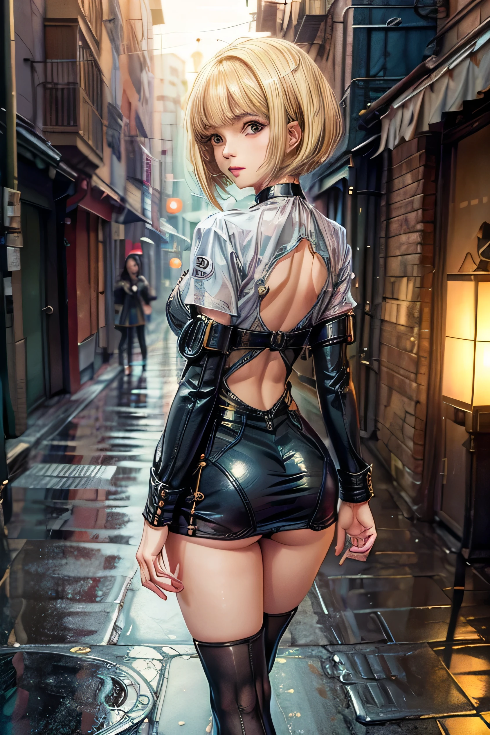 (Photorealistic:1.8, highest quality:1.8,8K masterpiece:1.8,High resolution,Mastepiece:1.8,RAW Photos,Cinematic lighting),
cyber punk、Back alley at night in the city、Rain-soaked ground、vapor、
 (1 Android Girl:1.3)、Completely naked、shirt、Bondage、choker、Knee-high tights、Nipple piercing、Ultra mini skirt、Beautiful ass,Beautiful thighs,Plump nipples,Nipples are visible through the costume、(Suzumiya haruhi)(Character Focus)、
(short Hair:1.2,Bobcut,beautiful shining blonde hair:1.5)、
（elation：1.4）、Disdainful、
Plump nipples、(cameltoe),No split screen,Slender Abs:1.2,(Young Sensual Gravure Idol)