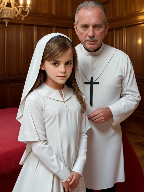 ((fully tanned 9 year old emma watson with her fat old Dad)), (langue sortie et bouche ouverte:1.2), (eyes raised:1.3), dressed like a nun, corps en entier, regard sexy, sourire attachant, Stunning bust, Perles, Appartement riche, malicious look, (pedo magazine cover style)), sexy nun with her dad, tugging nun, backgroud bedroom