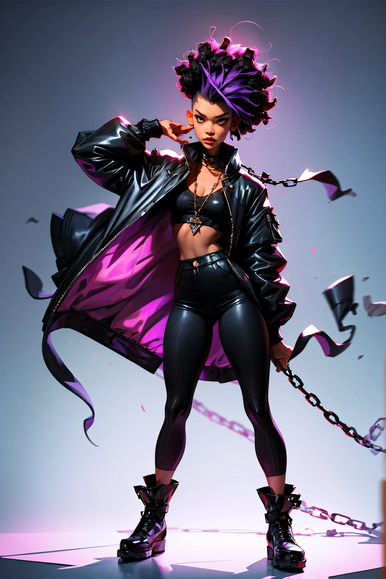 models, professional:1.6(best quality,4k,8k,highres,masterpiece:1.2),ultra-detailed,realistic,punk style,punk fashion,full body shot:1.5,general shot:1.5, rebellious,spiked clothing,chain accessories, rebellious pose,high mohawk,violet hair,colorful,edgy background,studio lighting,dynamic pose y elegamte