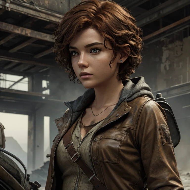 highly detailed, woman, light auburn hair, short curly hair, post-apocalyptic world