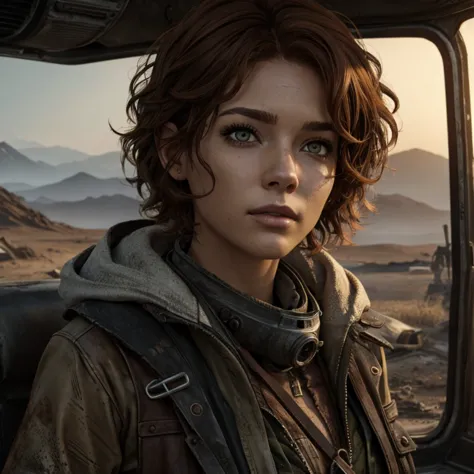 highly detailed, woman, light auburn hair, short curly hair, post-apocalyptic world