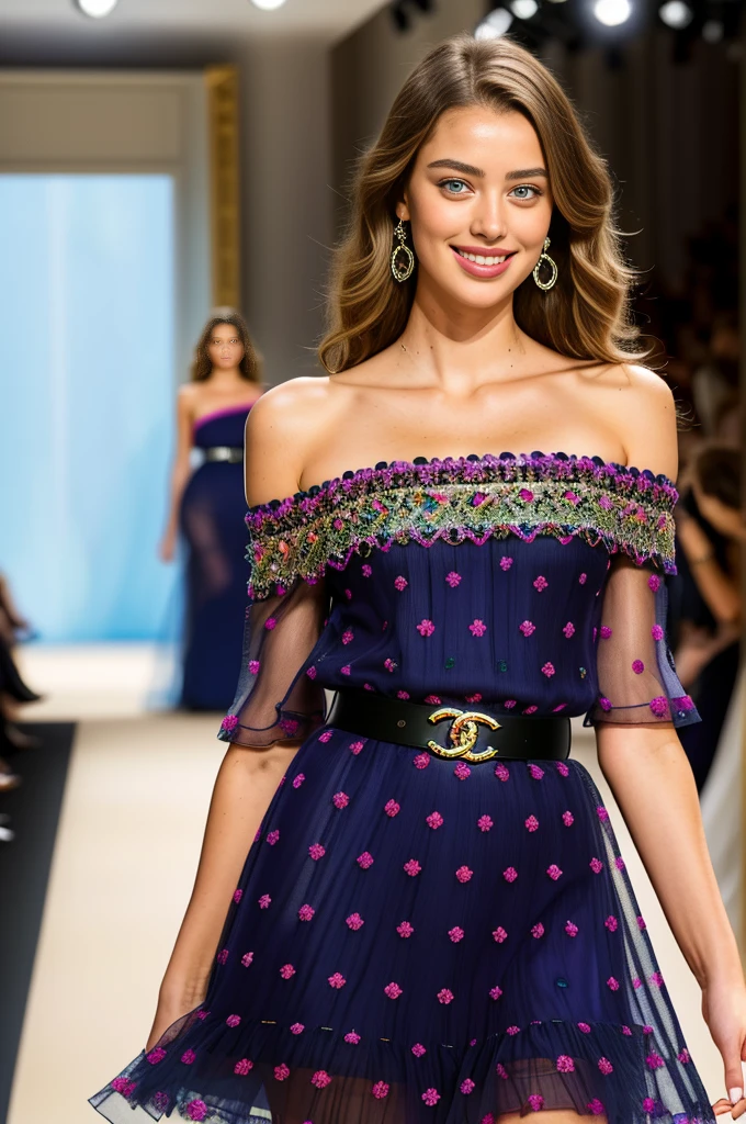 professional photo of 1 Girl , realistic photo, masterpiece, woman in a beautiful dress, a orange polka dot dress , off shoulders dress, chanel designer dress, vivid color, a striking 20-year-old American model with light brown hair , wavy hair, 170 height, full body photo, mix of taylor hill face, amber heard face, emily didonato face and irina shayk face , beautiful face, very sweet girl, dimple, small nose, seductive smile,white skin, radiant skin, sexy attire, jaw dropping beauty, green-blue eyes, beautiful eyes, sensual full lips, lips plump, very white teeth, medium to large breasts, sexy cleavage, sexy hips, curvy girl, good body proportions, perfect hands, perfect legs,,she is a supermodel, walks on the runway during the Dior Fashion Show during Paris Fashion Week Spring Summer 2018 held in Paris, France on September 26, 2017, Photo by Jonas Gustavsson Sipa , vogue style, stylish clothes, she wears fashionable clothes,chanel Multicolored polka dot dress, Fitted one shoulder cocktail dress with tiny slit at hem. chanel cocktail dress, detailed dress, with belt-type accessory, Multicolored polka dot dress, purple, pink and black colors, The sleeves are short. The neckline is V-shaped. sexy cleavage, chanel outfit, expensive outfit, contrast colors to enhance the beauty of the photo, amazing clothes contrast, vivid colors, looking at the viewer, pastel colors, background details, depth of field, various poses,masterpiece, image clarity, distant view, wide angle,smiling, flirting with the camera, best quality highest quality, amazing details,she is a supermodel, Very detailed, cannon camera, fujifilm, realistic, uhd, depth of field,,16k wallpaper, camera model ULTIMATE Sony a7III, fujifilm, lens flare, accurate, masterpice, anatomically correct, highres, full body photo, vivid color, realistic, happy smile, real life enhancer, backlight,she is a Victoria's Secret model, runway fashion show, indoor, naughty smile, flirting 