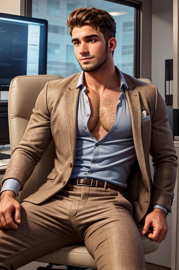male, defined big fluffy hairy pecs, conversative politican, in his early 20s, brown hair, smooth oily skin, in revealing suit jacket and low cut shirt, sitting on office chair,manspread, in luxury office