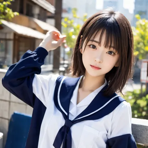 One Girl, (highest quality:1.4), (Very detailed), (Very detailed美しい顔), japanese sailor suit, Great face and eyes, iris,Medium Hair, Black Hair, (Sailor suit, school uniform:1.2), Smooth, very detailed CG synthesis 8k wallpaper, High-resolution RAW color ph...