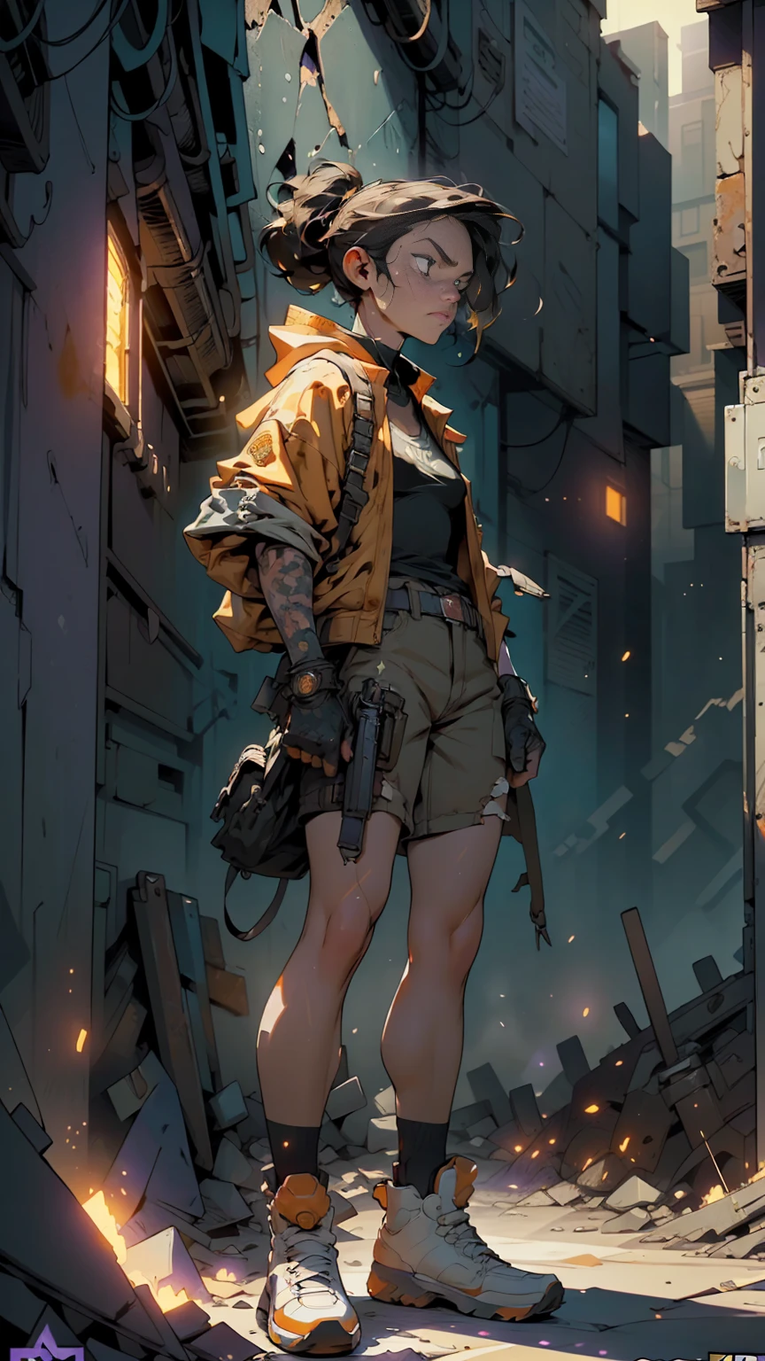 dark and torn, 1 young man, beautiful muscular body, fierce expression, holding a gun, (colors on his clothes, warm, orange, yellow, violet: 1.3), standing on a desolate terrain, dramatic lighting, intense shadows, sandy texture , high contrast, vibrant colors, dynamic pose, powerful stance, rough background, explosive atmosphere, dystopian theme, surreal elements, digitally painted illustration, HD resolution, intricate details, dramatic composition, avant-garde and chaotic brush strokes, gothic style, intense emotions, Scale epic, raw and gritty feel, captivating and provocative artwork.