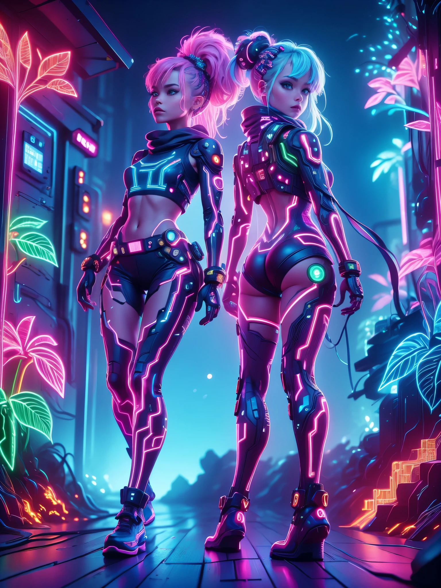 (Neon)，Circuit Board，Detailed drawing of an alien girl dressed as a space ranger, Shot lying on an alien landscape decorated with vibrant, Otherworldly flowers, Spacecraft crash. Sci-fi wonderland, full of imagination, Space exploration,More details, Yoko Tono,yl1, Ponytail, scarf, Bikini top only, shorts, diaphragm, belt, Fingerless gloves, skull hair ornament, Elbow gloves, pink thighs，(Ultra HD, masterpiece, precise, Anatomically correct, textured skin, High Detail, high quality, The award-winning, 8k)