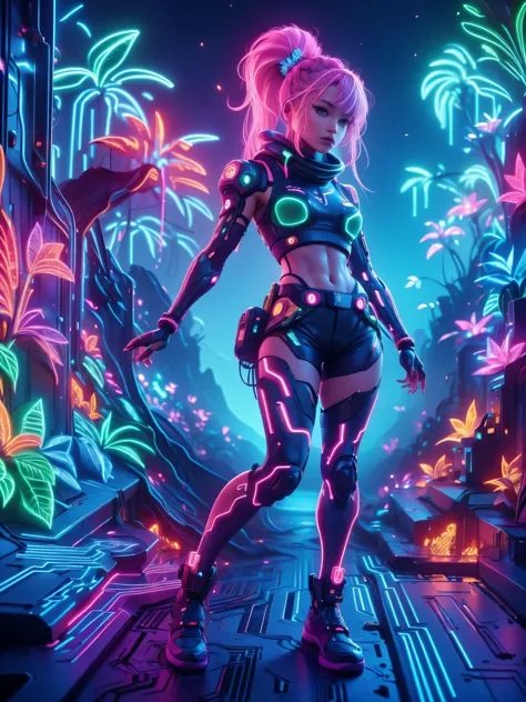 (Neon)，Circuit Board，Detailed drawing of an alien girl dressed as a space ranger, Shot lying on an alien landscape decorated wit...