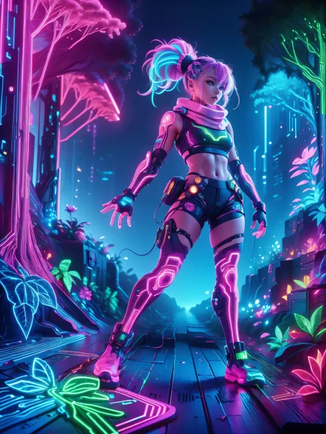 (Neon)，Circuit Board，Detailed drawing of an alien girl dressed as a space ranger, Shot lying on an alien landscape decorated wit...