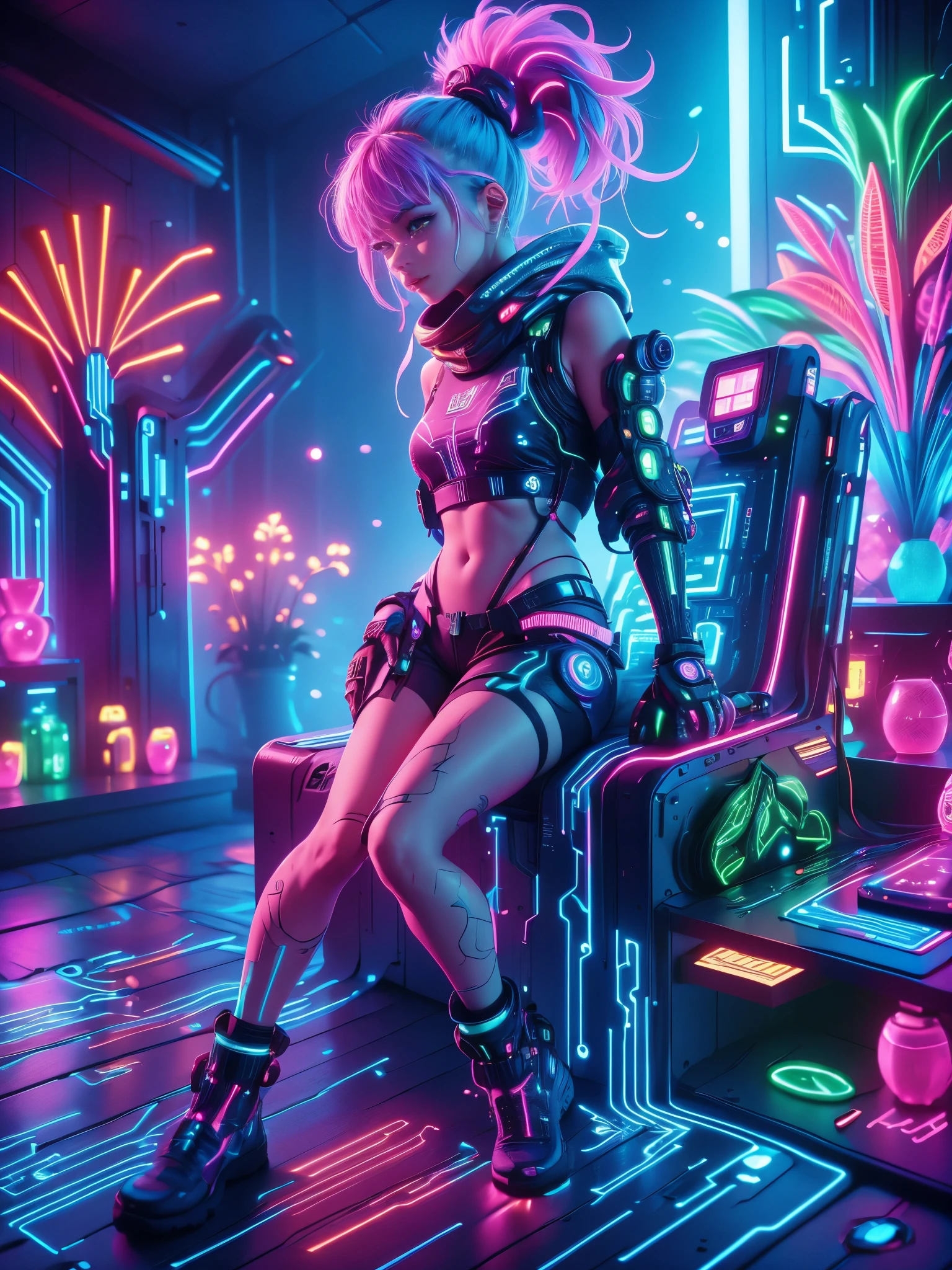 (Neon)，Circuit Board，Detailed drawing of an alien girl dressed as a space ranger, Shot lying on an alien landscape decorated with vibrant, Otherworldly flowers, Spacecraft crash. Sci-fi wonderland, full of imagination, Space exploration,More details, Yoko Tono,yl1, Ponytail, scarf, Bikini top only, shorts, diaphragm, belt, Fingerless gloves, skull hair ornament, Elbow gloves, pink thighs，(Ultra HD, masterpiece, precise, Anatomically correct, textured skin, High Detail, high quality, The award-winning, 8k)