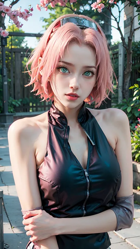 young woman, short shoulder-length pink hair, wide forehead, porcelain skin, pink eyebrows, big emerald green eyes, buttoned nos...