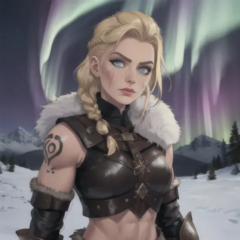 eivor, ,blonde hair, serious, blonde hair, blue tattoos, braid, cheek scar, leather armor, fur trim, sleeveless, muscular, midri...