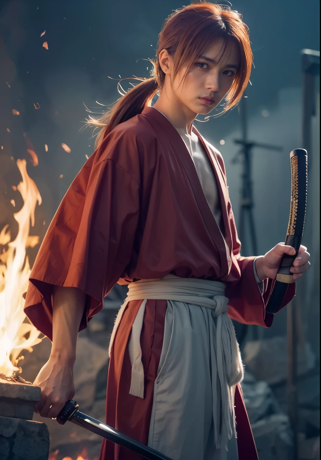 Diseña increíbles carteles con Kenshin como protagonista. "Rurouni Kenshin" En el calor del momento. Capture la esencia de su ardiente determinación y su espíritu indomable.. Porque desató su ira. Acción con espada recta en mano., Que sea breve, atrevido, Y transmitir fuertemente el poder puro de la ira de Kenshin.. pelo largo, cola de caballo, cabello rojo, katana,  signo de cruz en la mejilla izquierda,  alta calidad, Fotorrealista, hombre de 20 años, sosteniendo una katana en su mano, rodeado de fuego. El hombre tiene una postura determinada.,  Lleva un kimono rojo con patrones intrincados., emparejado con un hakama blanco .La iluminación es realista., enfatizando la intensidad de la escena.