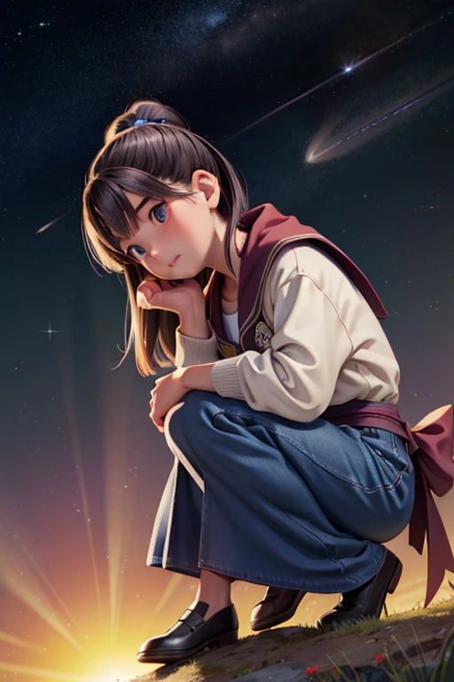 (masterpiece, highest quality;1.3), Very detailed, Sunset over the hill city. Flying Bird, autumn, Autumn leaves, Tree Leaves, Starry Sky, Prussian Blue Sky Color Cobalt Blue Purple Cyan. planet, Giant Saturn visible near Earth, Giant half moon, Bright Star, shooting star, Windblown Canyon, Pretty girl,