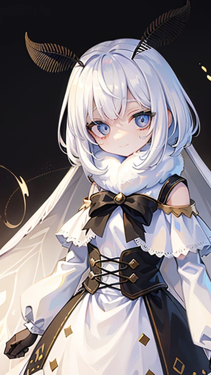 solo,1woman\(cute,kawaii,small kid,skin color white,short white hair,(big moth wing on head:1.7),white dress\(beautiful race\),1moth antennae,smile,[moth wing on back:2.0],[moth wing on body:2.0],[moth wings:2.0],[extra arm],moth wing only on head\),background\(dappled sunlight,beautiful forest,dark,\), BREAK ,quality\(8k,wallpaper of extremely detailed CG unit, ​masterpiece,hight resolution,top-quality,top-quality real texture skin,hyper realisitic,increase the resolution,RAW photos,best qualtiy,highly detailed,the wallpaper,cinematic lighting,ray trace,golden ratio,\)