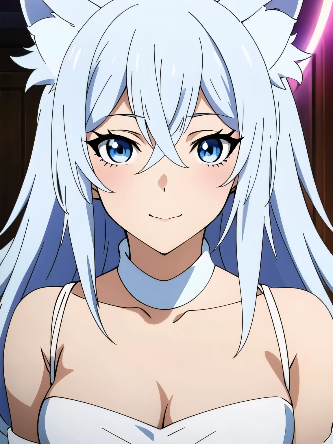 ((Masterpiece, highest quality: 1.2), detailed image, anime character, one girl, blue eyes, rich breasts, white dress, close-up of face, animal ears covered with white fur, long white hair