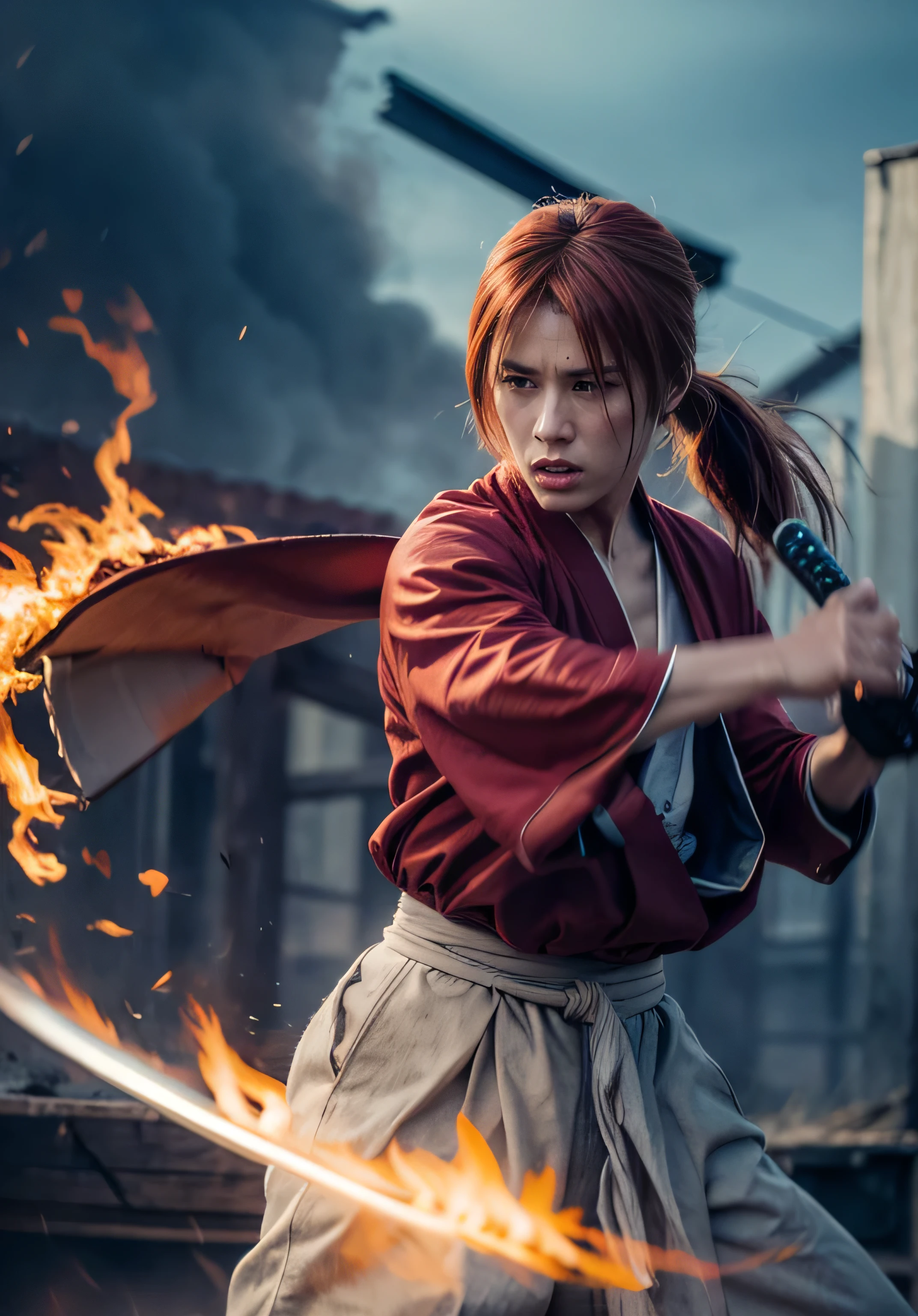 Design amazing postereatures kenshin as the protagonist "Rurouni Kenshin" In the heat of the moment. Capture the essence of his burning determination and indomitable spirit. For he unleashed his anger. Action with a straight sword in hand, Keep it short, Bold, And strongly convey the raw power of Kenshin's anger. Long Hair, ponytail, Red Hair, katana,  cross sign in left cheek,  High quality, photorealistic, 20-year-old man, holding a Katana in his hand, surrounded by fire. The man has a determined posture,  He is wearing a red kimono with intricate patterns, paired with a white hakama .The lighting is realistic, emphasizing the intensity of the scene.