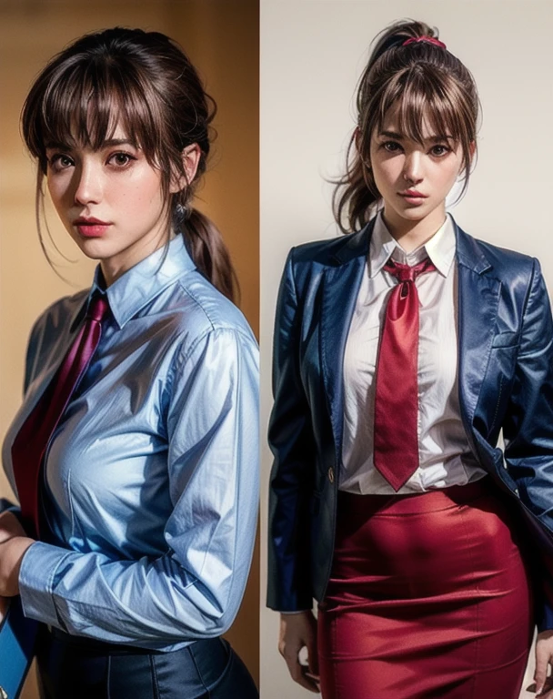 {{masterpiece、highest quality、(((Realistic、Realistic:1.37)))、8K quality}}, Medium shot of haze, Brown Hair, ponytail, Female teacher-like appearance, Dark blue business suit, Light red tie, Long pencil skirt, alone, Side lighting, Shallow and sharp depth of field, Realistic, 