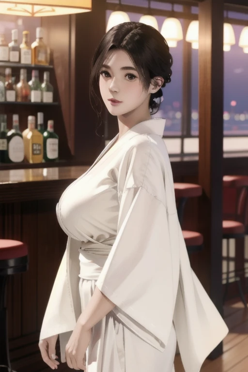 highest quality, Perfect Face, Complex, Beautiful views, Ultra-realistic 8K CG,Perfect artwork, 1 Female, Sayuri, alone, Large Breasts, Beautiful Skin, Beautiful feet, Beautiful Face, Beautiful body, White kimono, Long skirt, indoor, night, bar, Depth of written boundary, View your viewers ,
