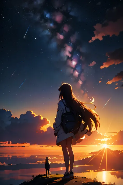 Vast landscape photos, a girl standing gazing at a faraway cityscape, looking up at the sky, shooting stars, fireflies, dreams, ...