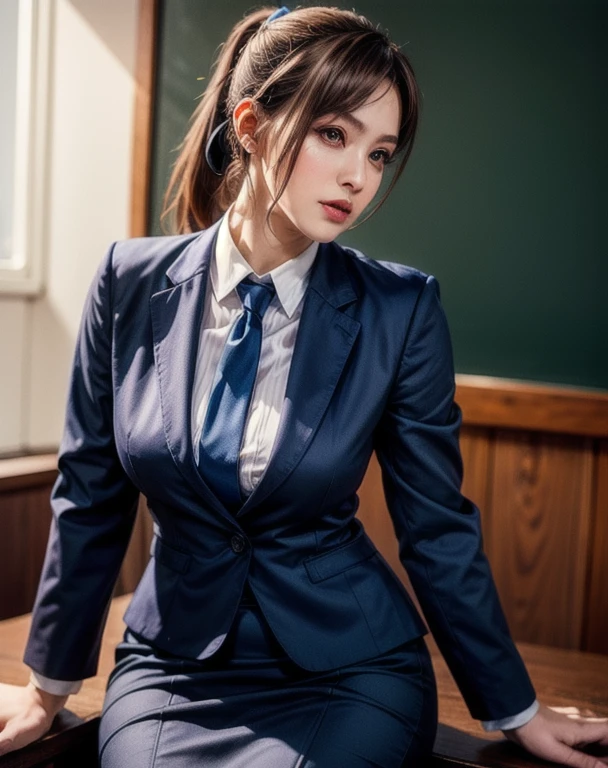 best quality, 8k resolution, ultra-detailed, realistic, smoky medium shot, chestnut hair, ponytail, poised like a female teacher, deep blue business suit, light red tie, long pencil skirt, alone, side lighting, shallow sharp depth of field, photorealistic.