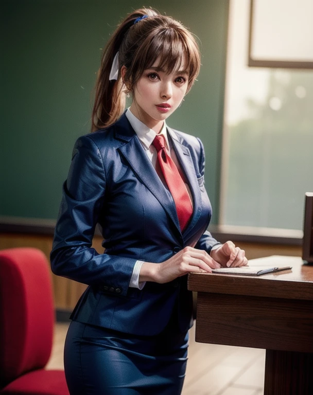 best quality, 8k resolution, ultra-detailed, realistic, smoky medium shot, chestnut hair, ponytail, poised like a female teacher, deep blue business suit, light red tie, long pencil skirt, alone, side lighting, shallow sharp depth of field, photorealistic.