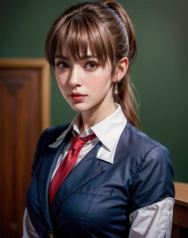 {{masterpiece、highest quality、(((Realistic、Realistic:1.37)))、8K quality}}, Medium shot of haze, Brown Hair, ponytail, Female teacher-like appearance, Dark blue business suit, Light red tie, Long pencil skirt, alone, Side lighting, Shallow and sharp depth of field, Realistic,