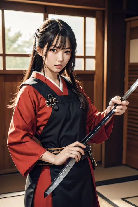 highest quality, raw photo, realistic photos, holding a japan sword in his right hand, slashing pose with a japanese sword, looo...