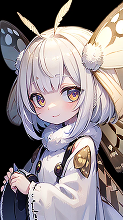 solo,1woman\(cute,kawaii,small kid,skin color white,short white hair,(big moth wing on head:1.7),white dress\(beautiful race\),1moth antennae,smile,[moth wing on back:2.0],[moth wing on body:2.0],[moth wings:2.0],[extra arm],moth wing only on head\),background\(dappled sunlight,beautiful forest,dark,\), BREAK ,quality\(8k,wallpaper of extremely detailed CG unit, ​masterpiece,hight resolution,top-quality,top-quality real texture skin,hyper realisitic,increase the resolution,RAW photos,best qualtiy,highly detailed,the wallpaper,cinematic lighting,ray trace,golden ratio,\)