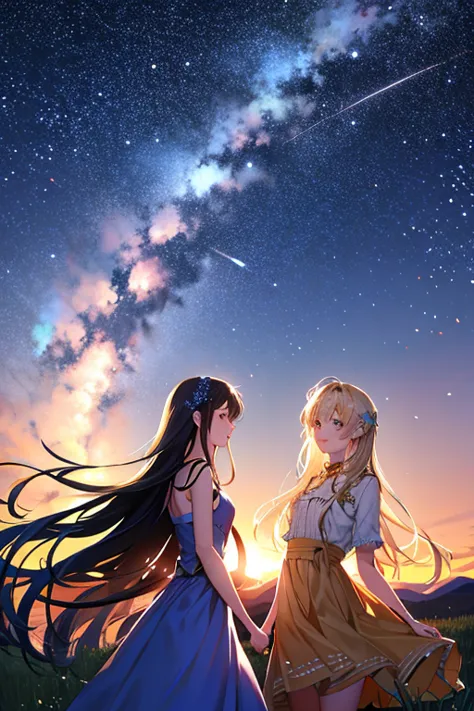 Wallpaper　starry sky full of stars　meadow　Observatory Two beautiful women