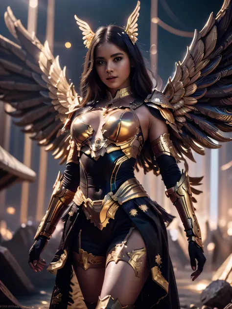 a girl in peacock armor with a combination of gold stripes and wing-like wings adorns the image, illuminated in an rtx style. th...