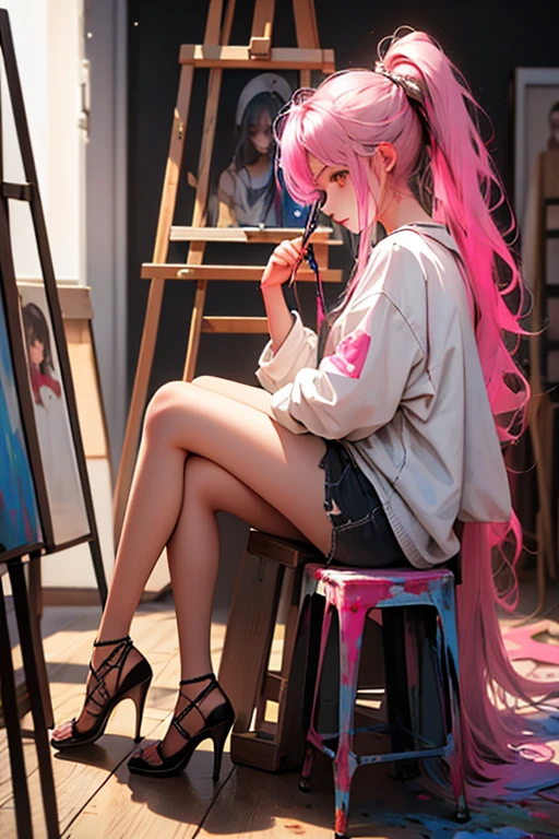 1girl,Beautiful College Student,girl painting, her face gets dirty with paint,have a brush,pink hair and long hair,ponytail,casual clothing,black high-heels,in art studio,campus beauty, Painting,
colorful,easel,stool,Sitting on Stool, Focus on creating artwork