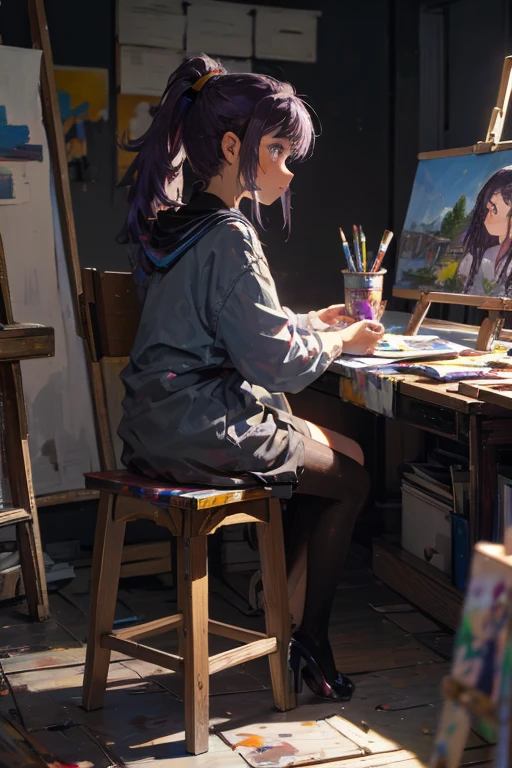 1girl,Beautiful College Student,girl painting, her face gets dirty with paint,have a brush,purple hair and long hair,ponytail,casual clothing,black high-heels,in art studio,campus beauty, Painting,
colorful,easel,stool,Sitting on Stool, Focus on creating artwork