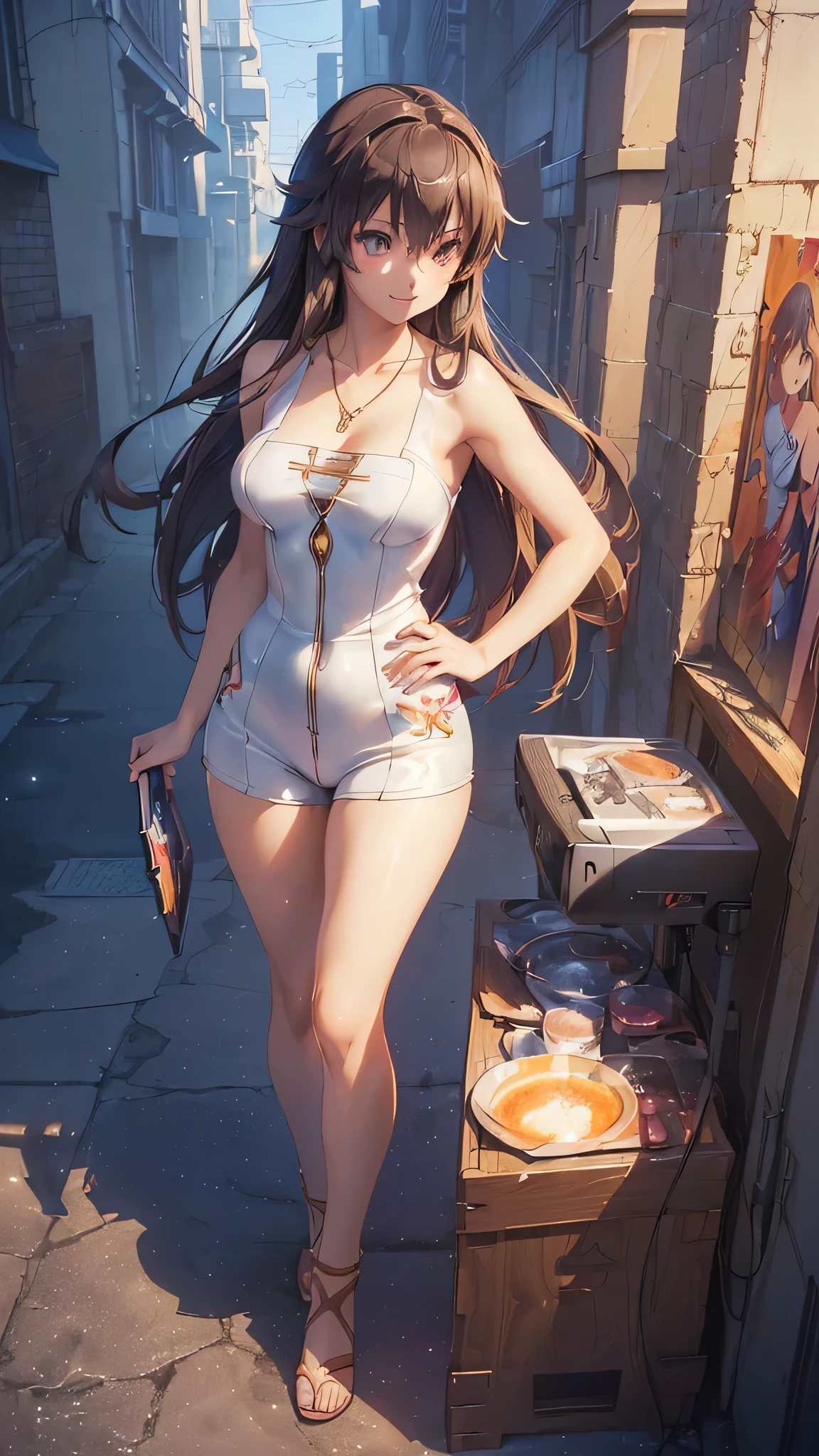 Anime girl in white top and shorts standing in a narrow alley - SeaArt AI