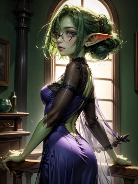 Masterpiece, absurdrez, amazing detail, 4k, perfect face, 3 foot tall green goblin girl, wearing purple cotton dress, very shy, ...